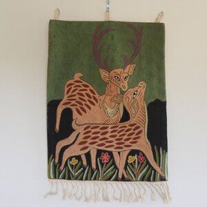 Vintage Deer Wall Hanging Tapestry Embroidery Kashmiri  23X17 Inch Home Decor